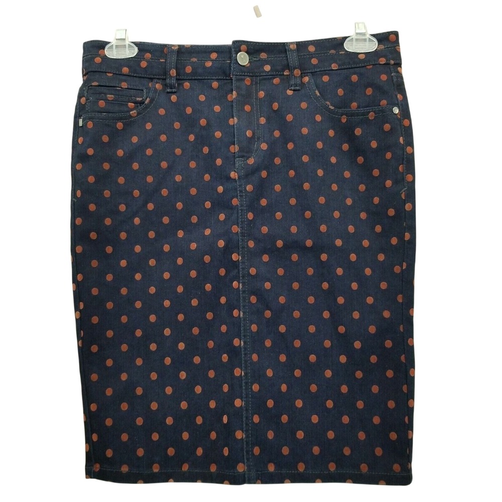 Anthro Pilcro Letterpress Denim Pencil Skirt Blue Jean Red Polka Dot 32 in Waist